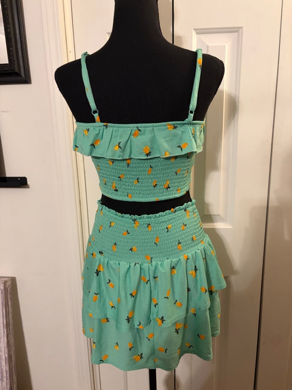 Mint Green Floral Smocked Skirt Set with Ruffle Details - Picture 2 of 8